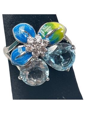 Vibrant Blue and Green Floral Gemstone Ring 925 Sterling Silver Size 8
